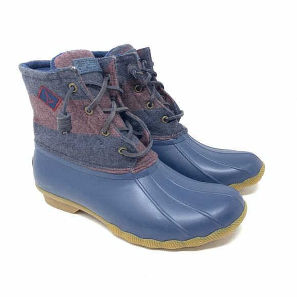 Sperry Saltwater Varsity Duck Winter Ankle Boot Blue Stripe Wool Blend Size 9 - Picture 1 of 8